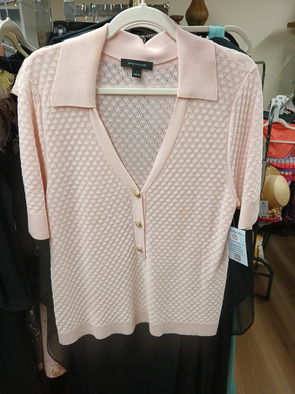 Ann Taylor Blush Pink Short-Sleeve Knit Polo V-Neck Top